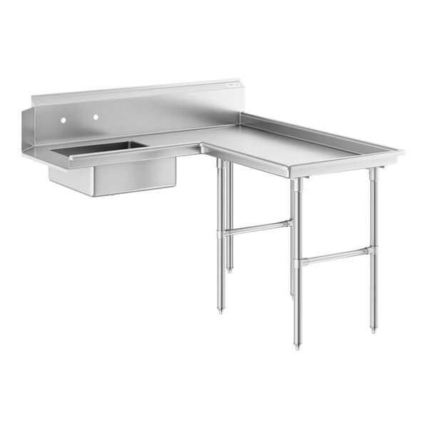 A Regency stainless steel L-shaped dishtable with a sink, shelf, and stand.