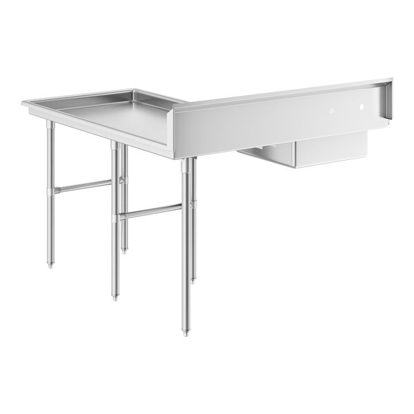 A Regency stainless steel L-shape dishtable with legs.