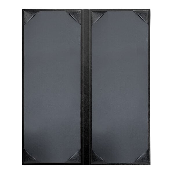 A black rectangular menu cover with black album style corners.