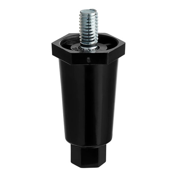 A black plastic screw with a hexagon-shaped nut on top.