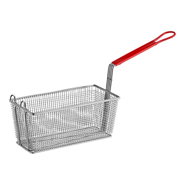 A Pitco double fryer basket with a red handle.