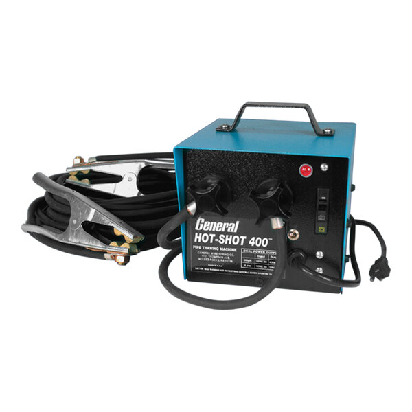 A General Pipe Cleaners Hot-Shot 400 pipe thawer in a blue box with cables.