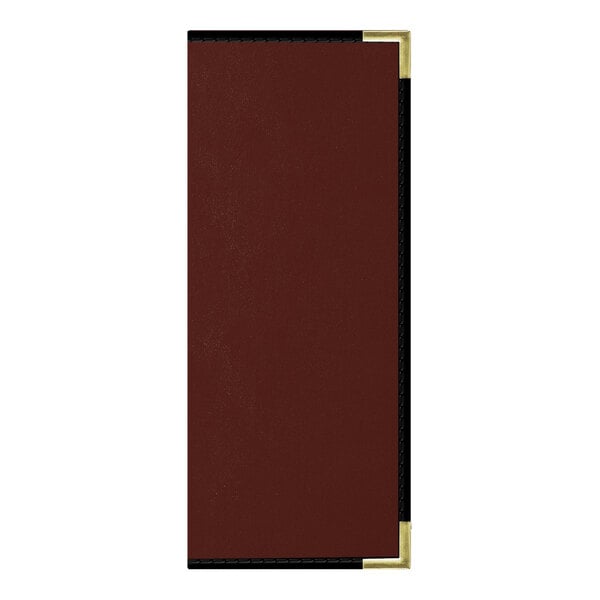 A brown leather menu cover with gold trim and 10 red and black squares.