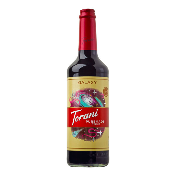 A Torani Puremade Galaxy flavoring syrup bottle with a red label.