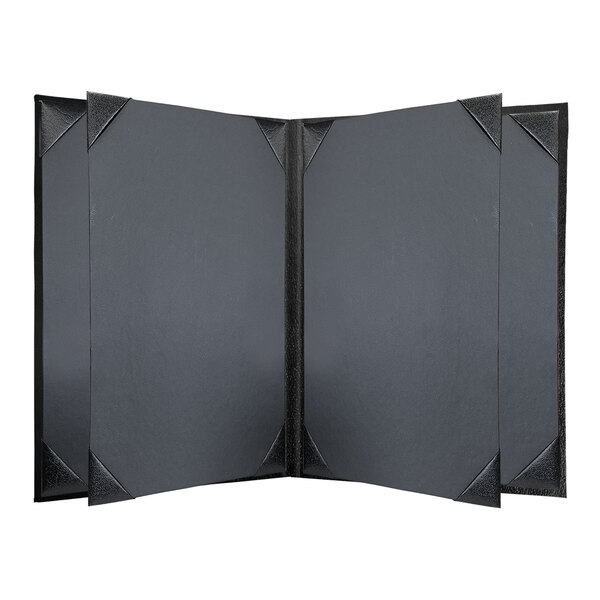 A black rectangular menu cover with black album style corners.