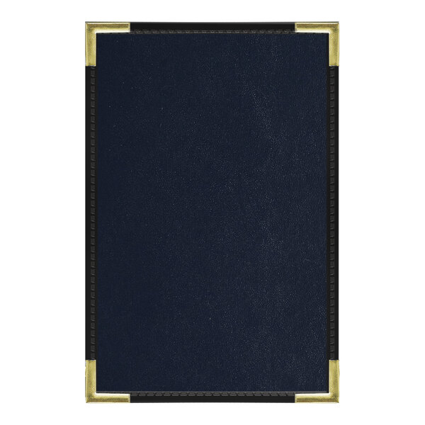 A blue menu cover with black and gold rectangular trim.