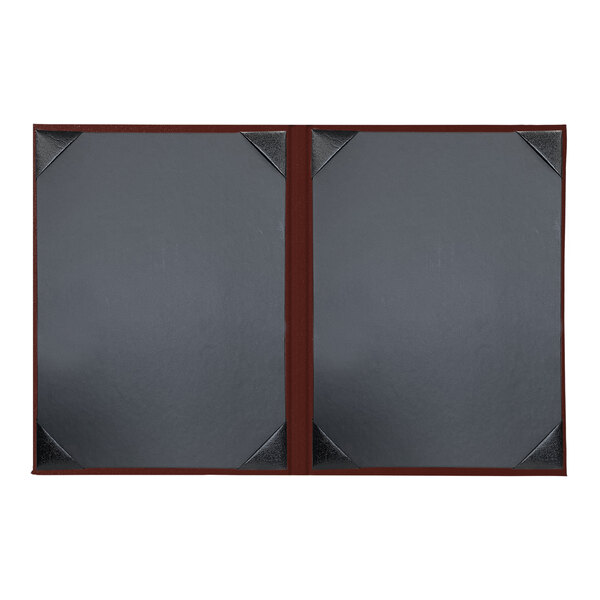 An oak menu cover with album style corners and a red border.