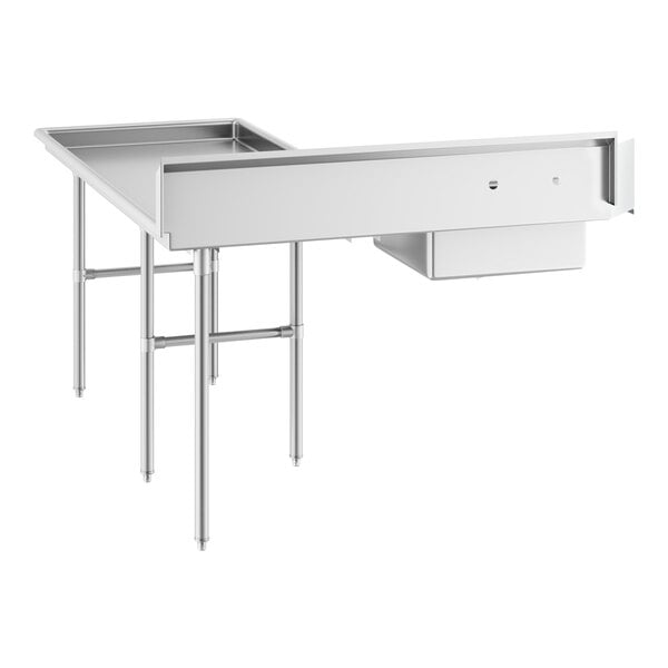 A Regency stainless steel L-shape dishtable with a sink on the right.