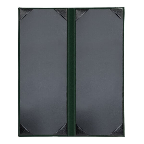 Two grey rectangular menu books with green borders.