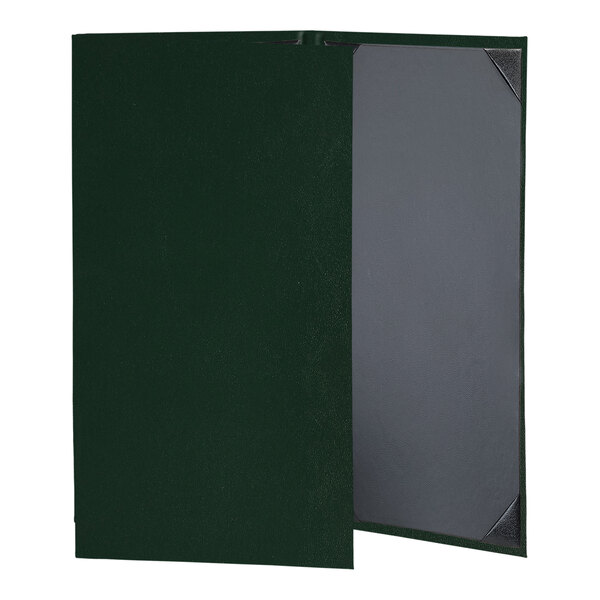 A green rectangular menu cover with black album style corners.