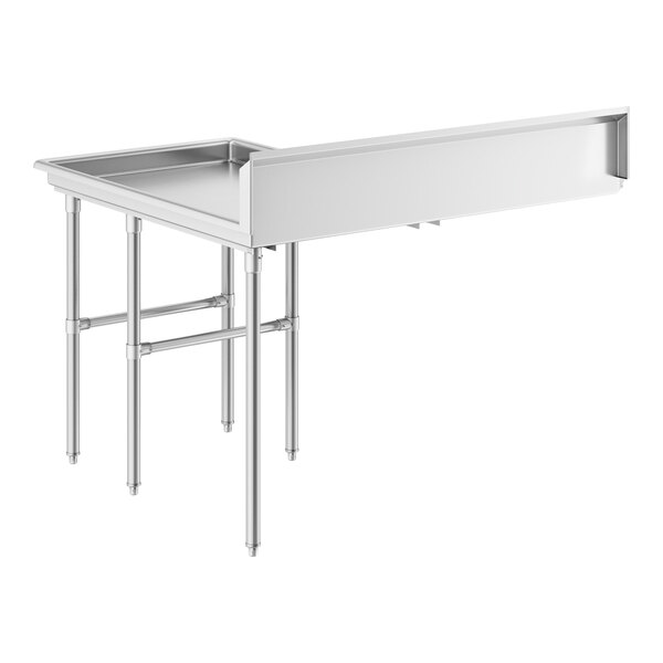A Regency stainless steel L-shape dishtable with legs.