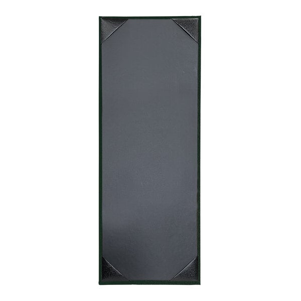 A grey rectangular menu cover with green corners.