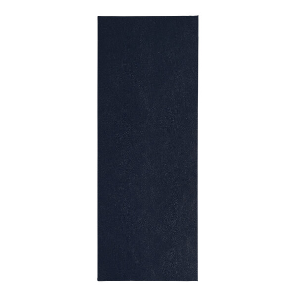 A black rectangular menu cover with album style corners on a blue surface.