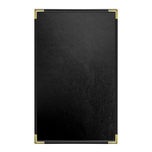 A black leather rectangular menu cover with gold corners.