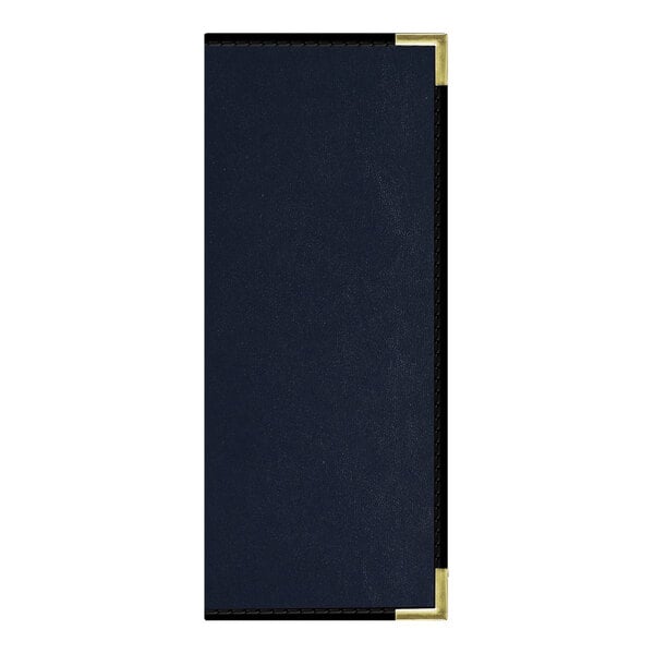 A navy blue menu cover with gold trim and a black frame.