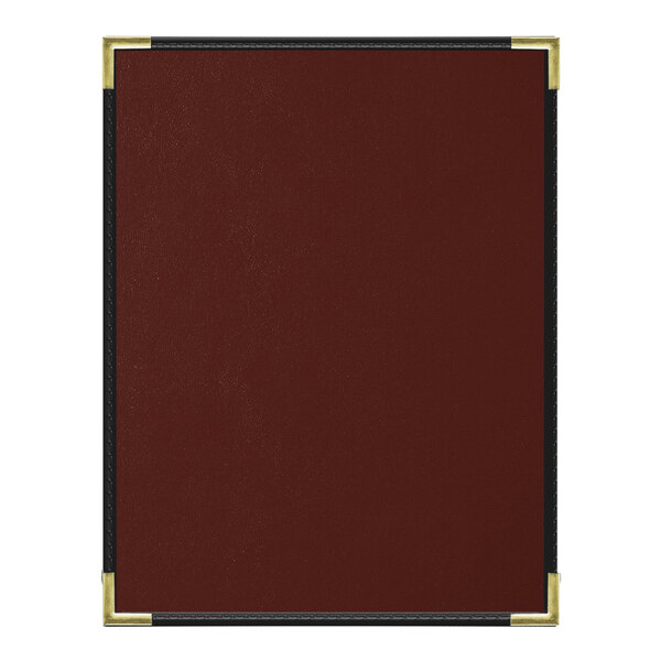 A red leather menu cover with black trim.