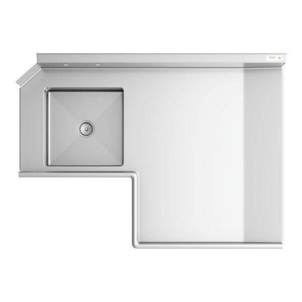 A top view of a Regency stainless steel soiled dishtable with a drain and a faucet on the right.