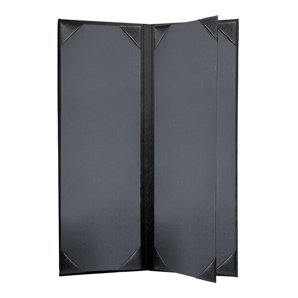 A black rectangular menu cover with black album style corners.