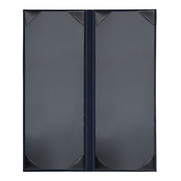 A grey rectangular menu cover with black album style corners.