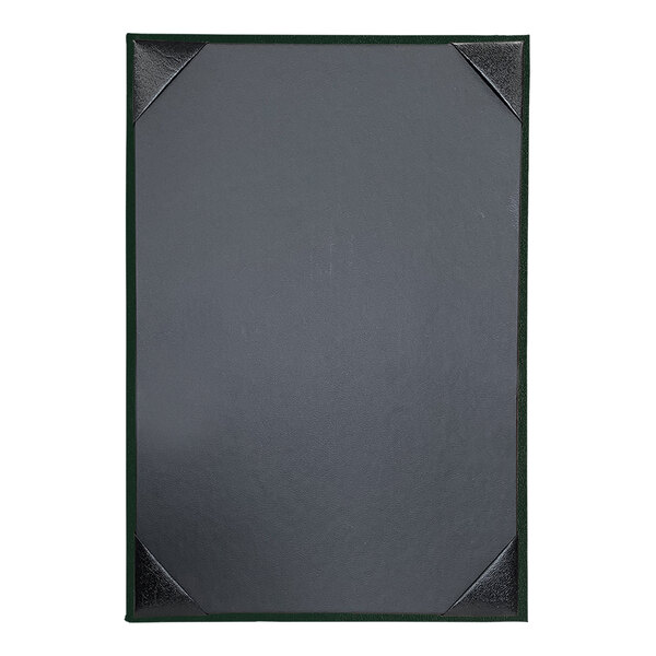 A black rectangular menu cover with green album style corners.