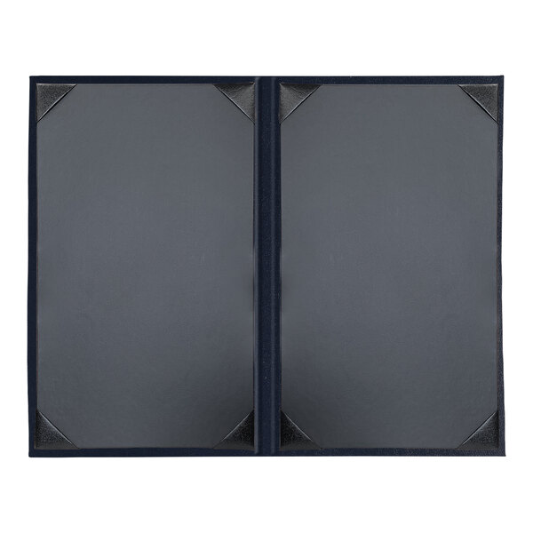 A grey rectangular menu cover with black album style corners.