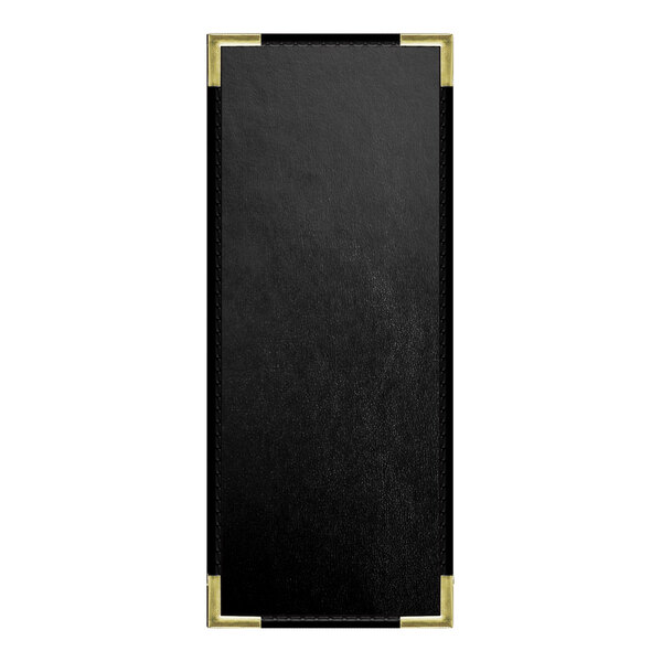 A black rectangular menu cover with gold corners.