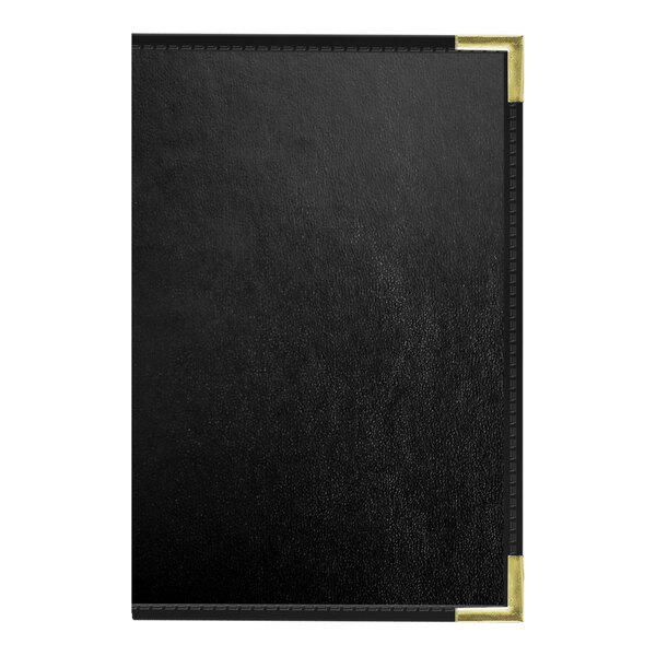 A black leather menu cover with gold corners and a white border.