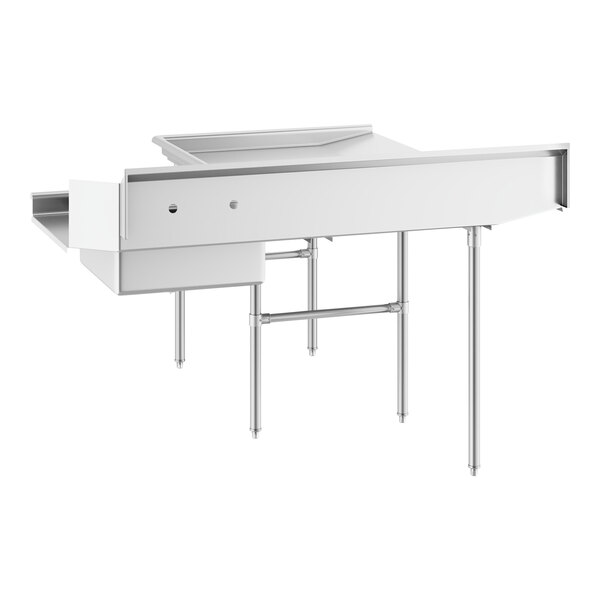 A white rectangular stainless steel dishtable with metal legs.