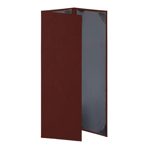 An oak menu cover with silver corners and trim.