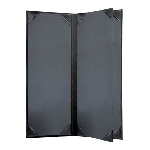 A black rectangular menu cover with black album style corners.