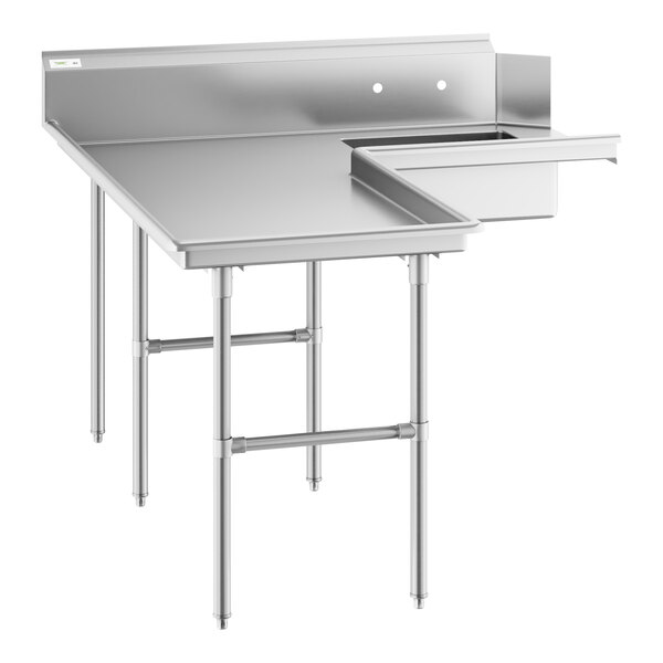 A Regency stainless steel L-shape soiled dishtable with a rectangular top and a drain.