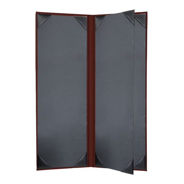An oak menu cover with red album style corners.