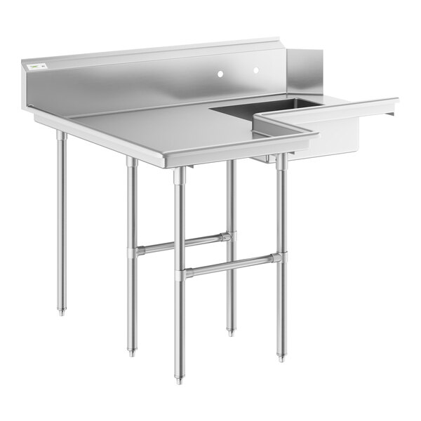 A Regency stainless steel L-shape soiled dishtable with a sink and drain.