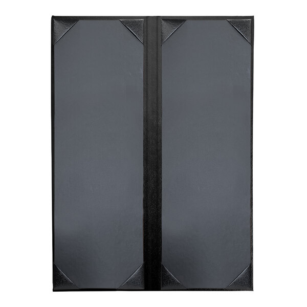 A black rectangular menu cover with black album style corners.