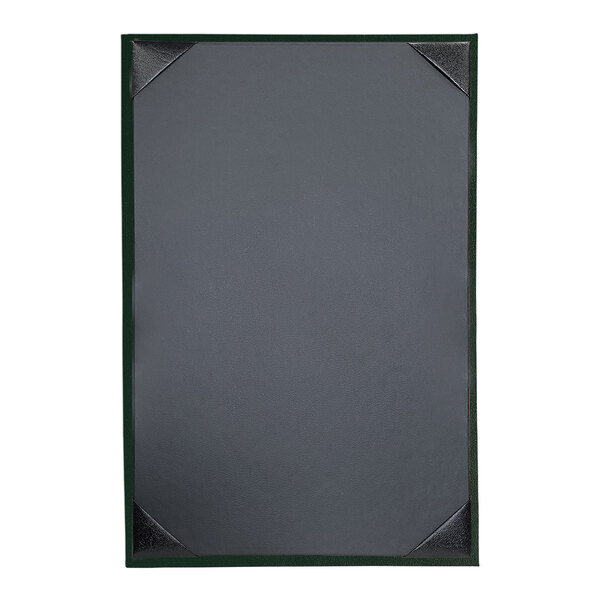 A grey rectangular menu cover with a green border and album style corners.