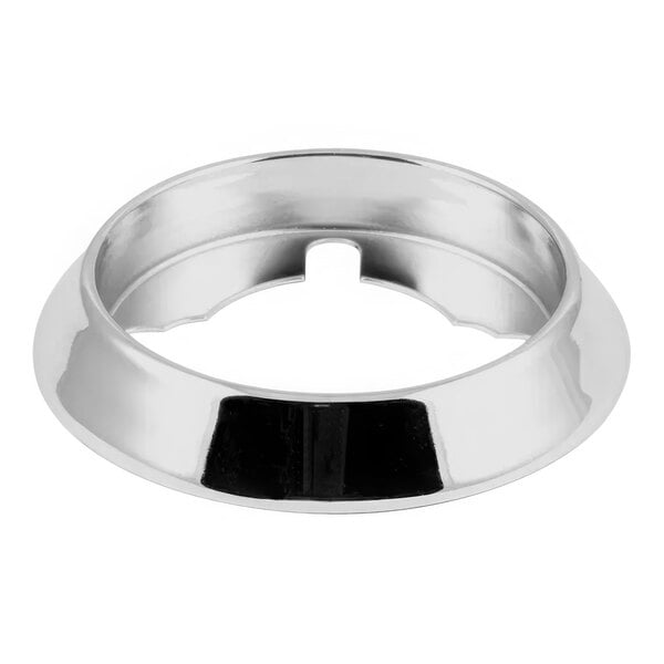 A chrome plated circular ring with a hole in the center.