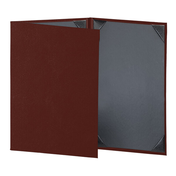 A red folder with silver corners open to show three pages.