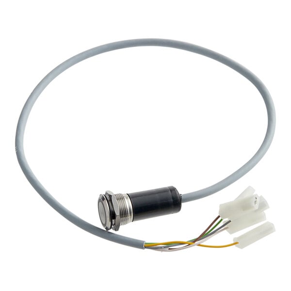 A grey cable with a round metal button and a connector.