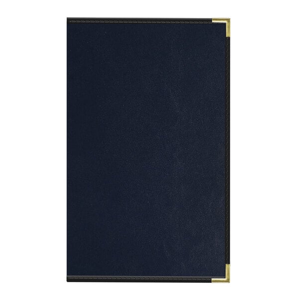 An Oakmont blue menu cover with gold trim on the edges.