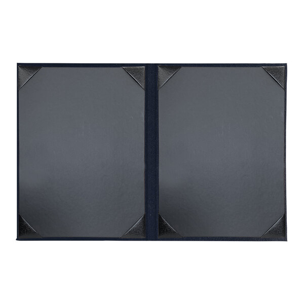 A black rectangular menu cover with metal corners.