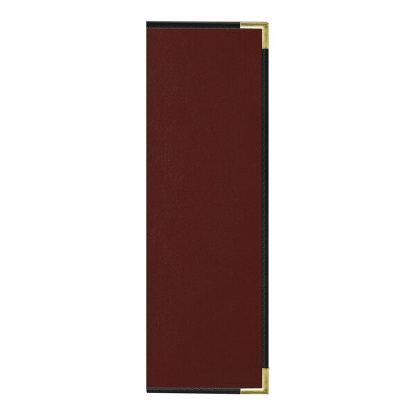 A rectangular brown menu cover with black trim.