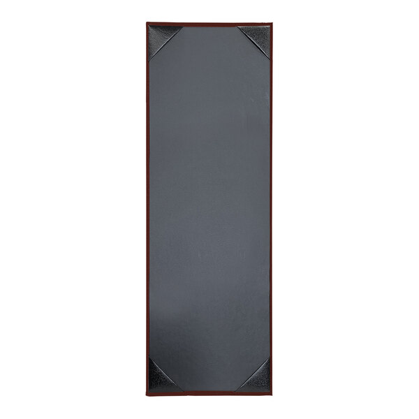 A rectangular black menu cover with a red border.