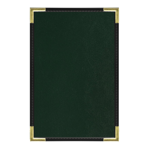 A green leather menu cover with black trim and gold corners.