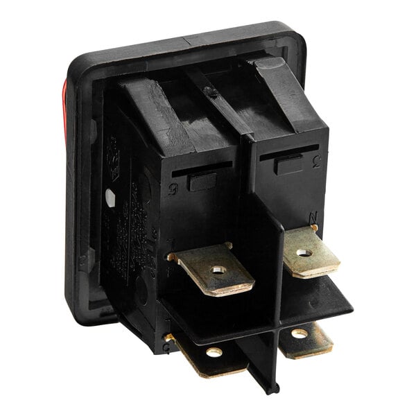 A black rectangular on/off switch with metal parts and two red lights.