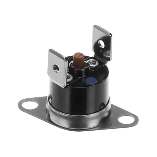 A close-up of a black and silver Moffat resettable thermal switch with metal corners and a red button.