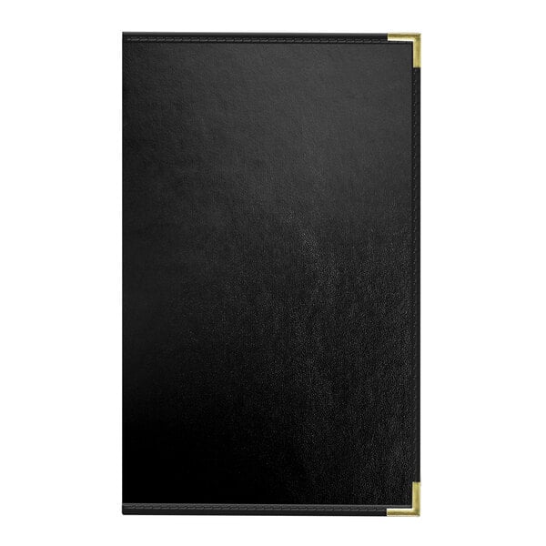 A black leather menu cover with a white border.