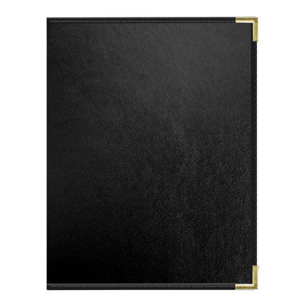 A black leather menu cover with gold corners and a white border.