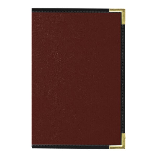 An oakmont menu cover with black and red trim and gold corners.