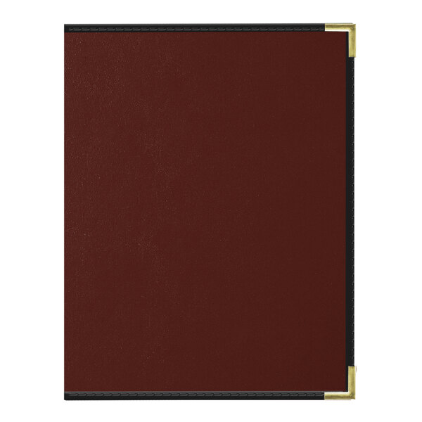An H. Risch, Inc. Oakmont red leather menu cover with gold corners.