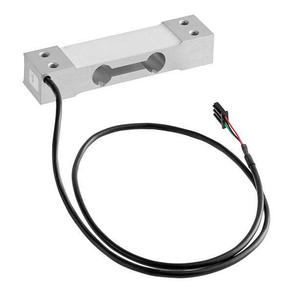 A metal Estella load cell with wires attached.